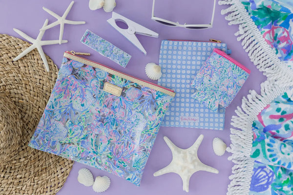 Lilly Pulitzer Water-Resistant Beach Pouch Set – Includes Drink Sleeve, Small Pouch & Towel Clips, Make Lemonade Print