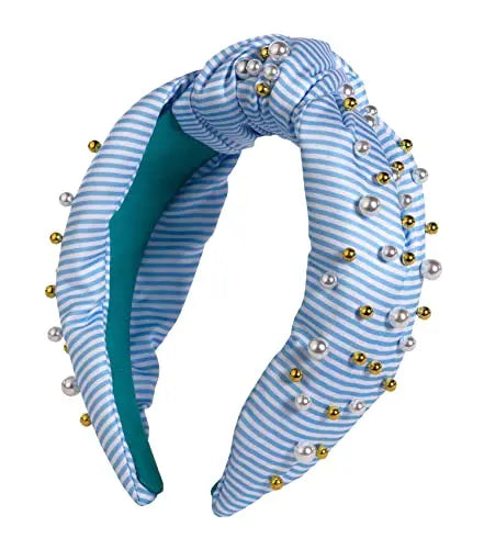 Lilly Pulitzer Rhinestone and Pearl Wide Satin Headband {Frenchie Blue Stripe}