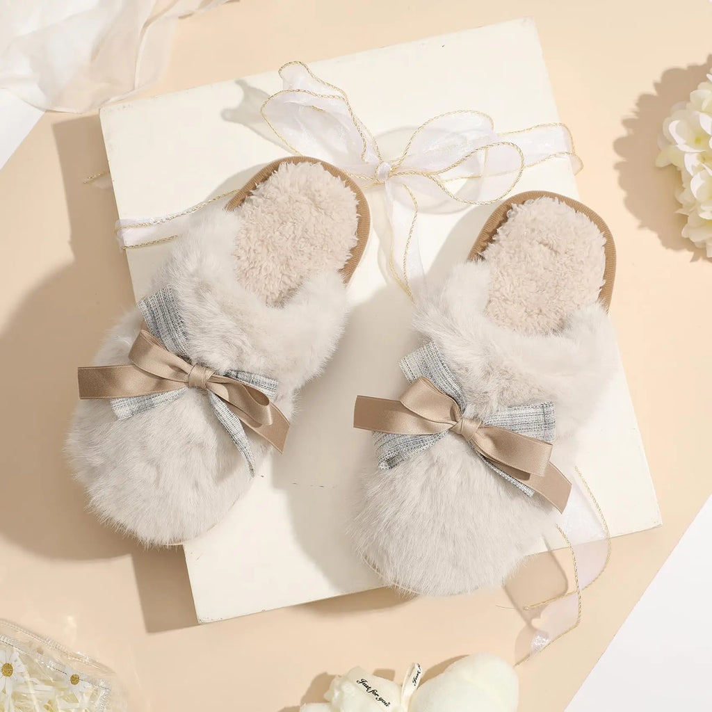 Faux Fur Slippers with Bow