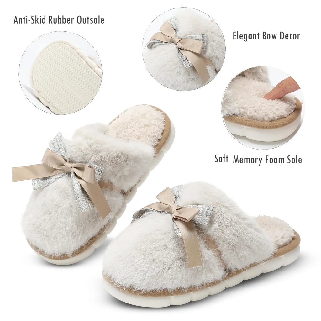Faux Fur Slippers with Bow