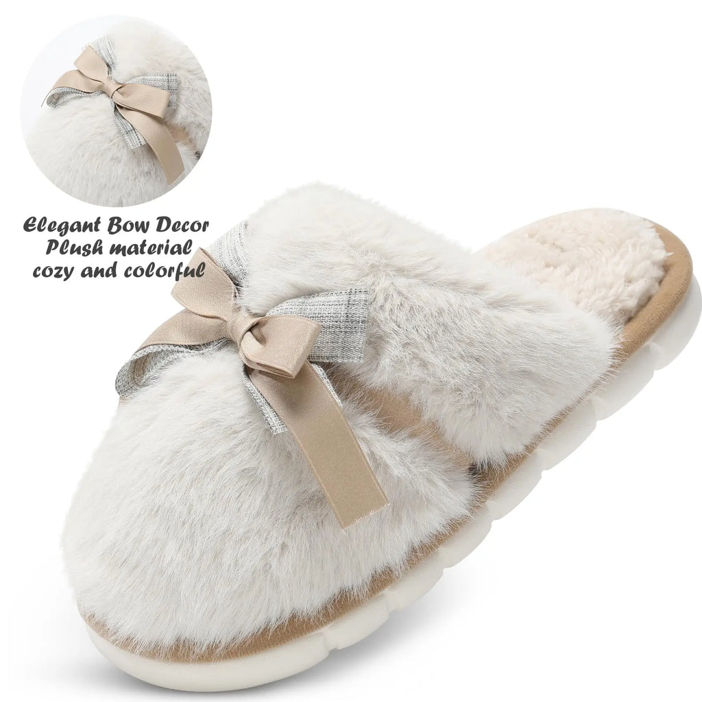 Faux Fur Slippers with Bow