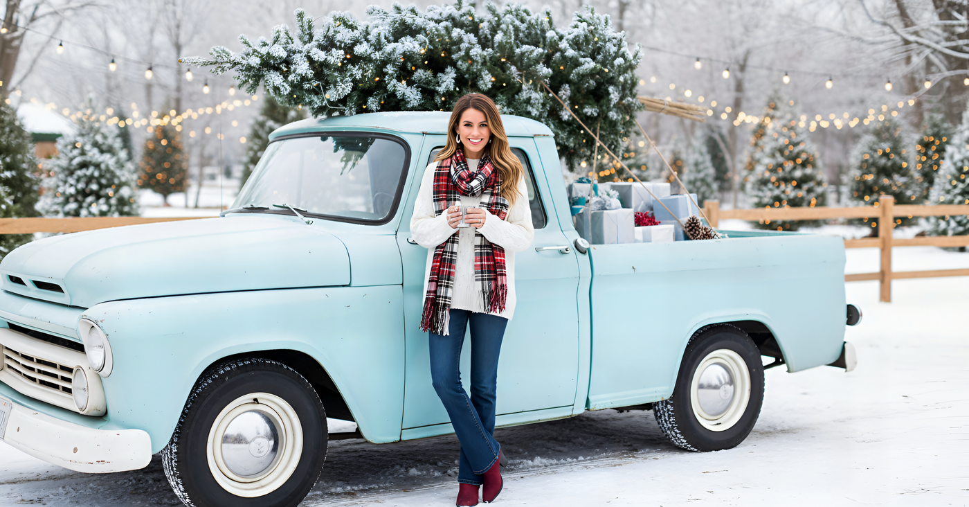 Embark Travel Store -  Woman standing next to a vintage light blue truck in a snowy setting with Christmas decorations.