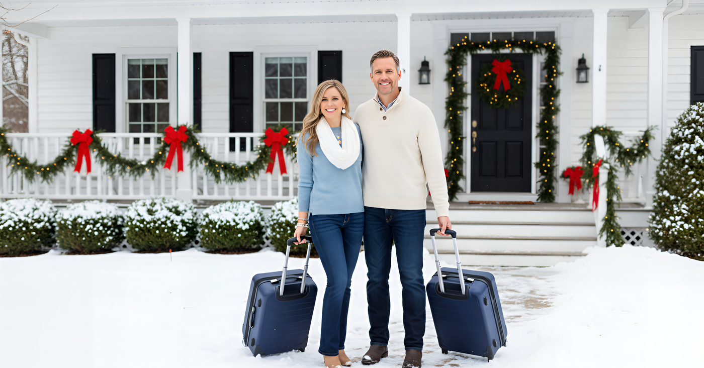 Embark Travel Store - Luggage travel essentials - Couple with luggage in front of a decorated house during winter.