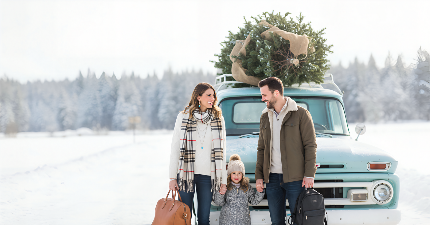 Embark Travel store weekend bags - Family standing in front of a vintage truck with a Christmas tree, set against a snowy landscape.