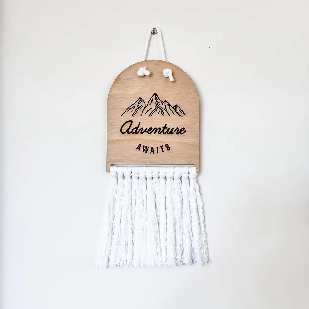 Adventure Awaits Half Moon Macrame Sign
