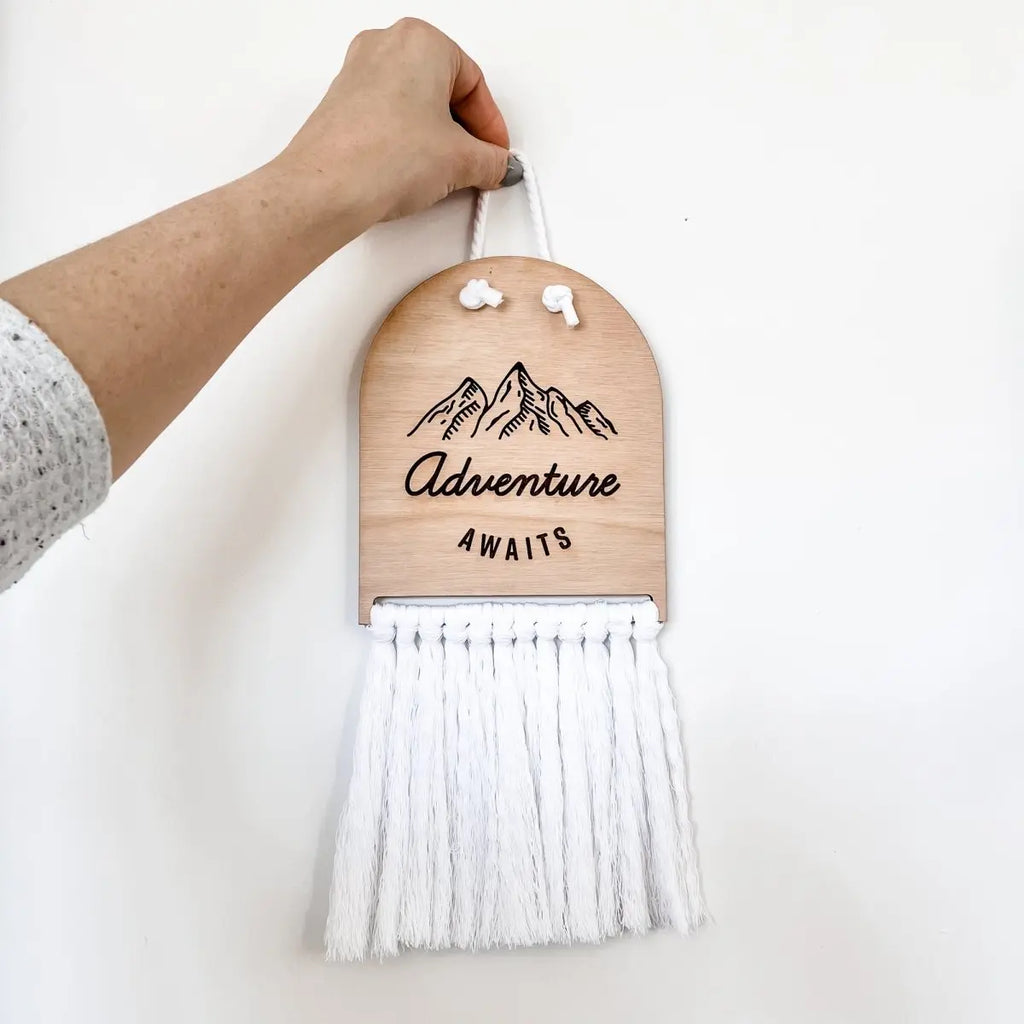 Adventure Awaits Half Moon Macrame Sign