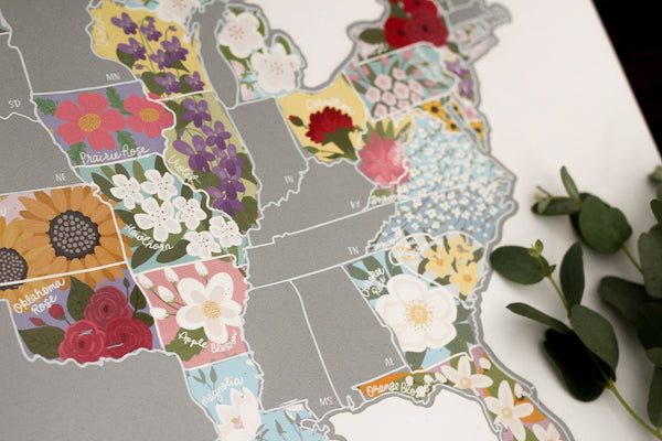 Scratch Your Travels® Official US State Flowers Map (Silver)