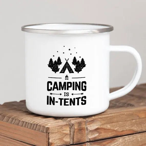 Camping Is In-Tents Enamel Coffee Mug - Embark Travel Store